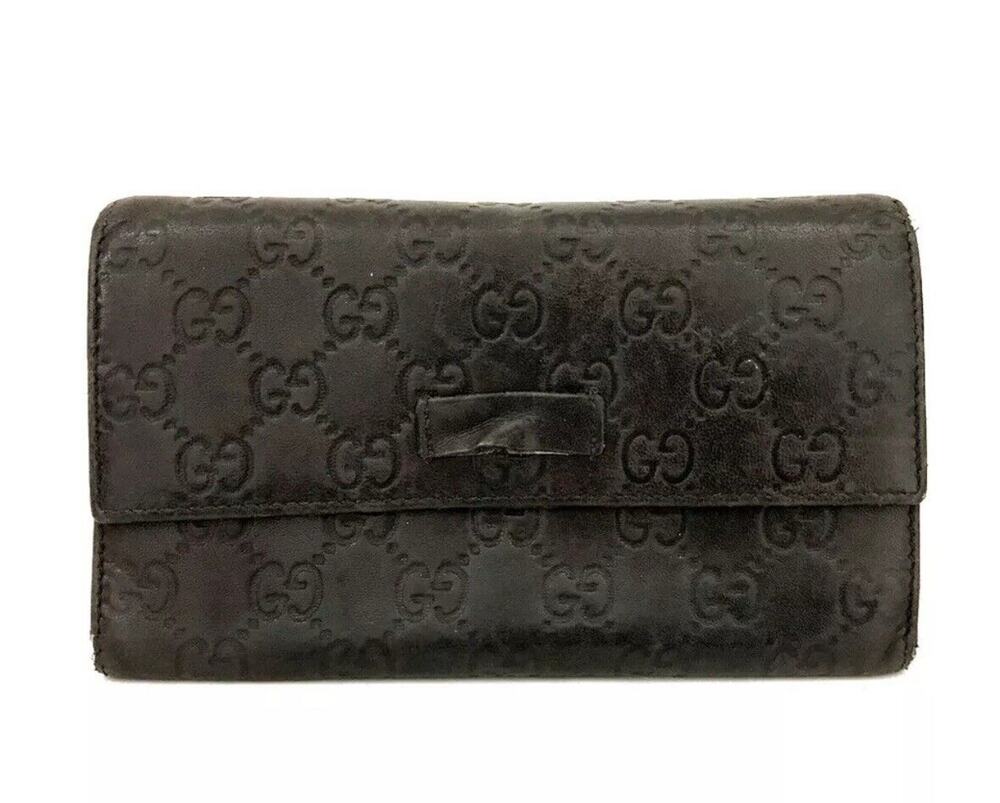 Authentic GUCCI Ssima GG Logo Brown Leather Long Trifold Wallet